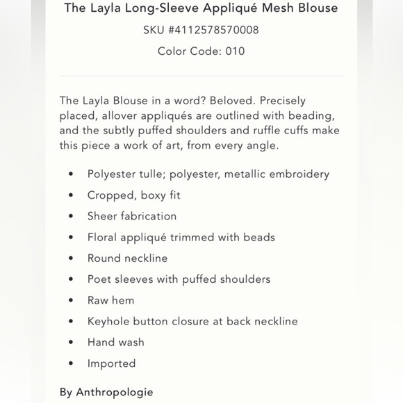 Anthropologie The Layla Long Sleeve Appliqué Mesh Blouse - Picture 5 of 6
